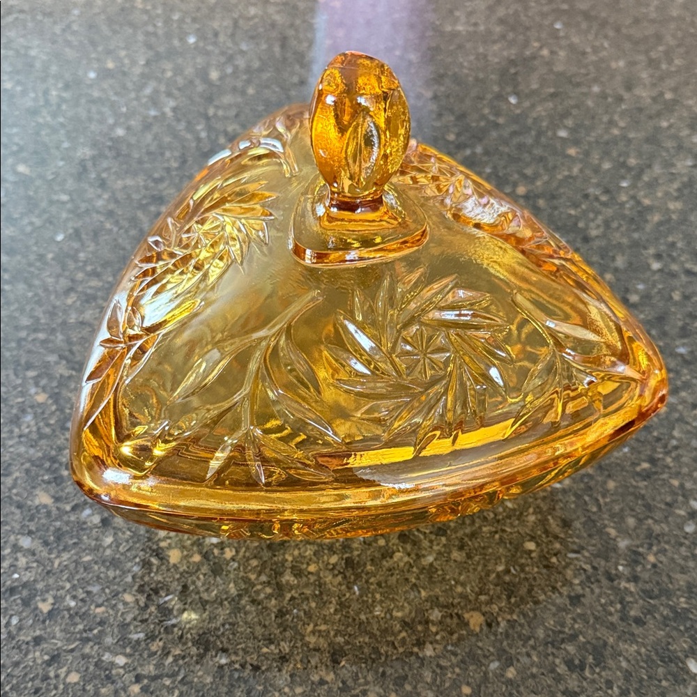 Mid Century Hazel Atlas Amber Glass Triangle Shaped Candy Dish With Lid